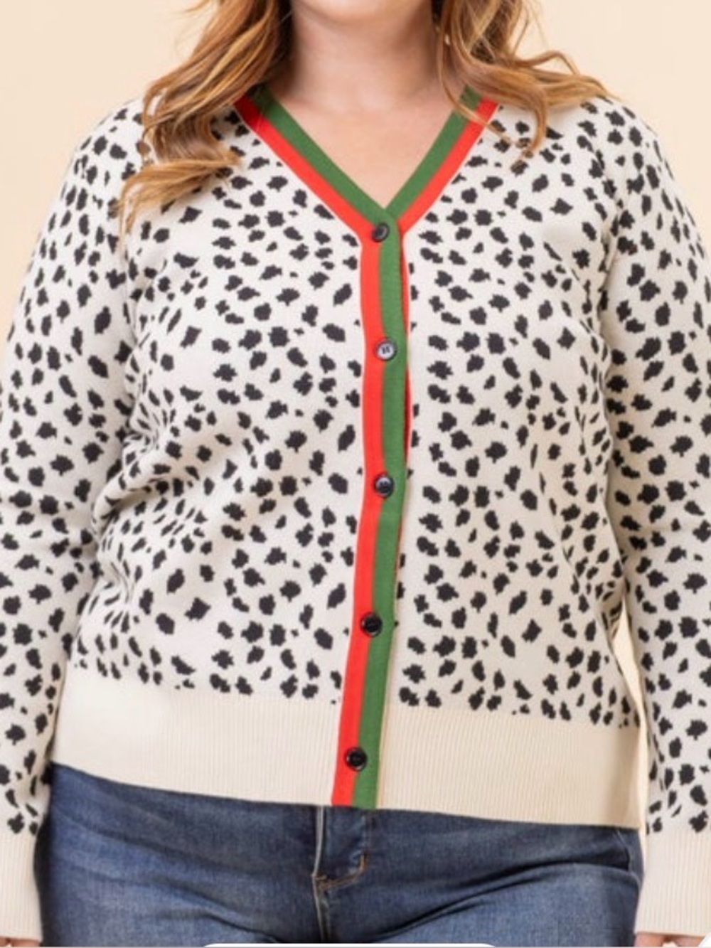 Cream and Black Leopard Print Button-Up Sweater with Red & Green Trim. Medium.